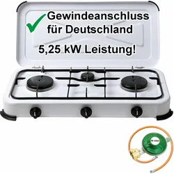 Camping-Gas-Kocher Mobi 3-flammig, weiss  mit Gasschlauch und Gasregler