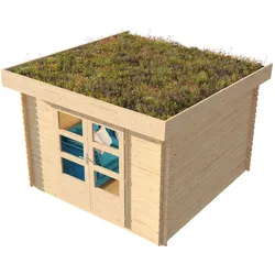 Karibu Gartenhaus mit bepflanzbarem Dach - 297x237x225cm - naturfarben - Fichtenholz / Glas
