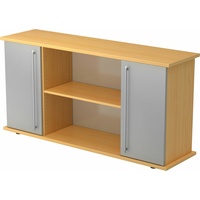 bümö Sideboard Buche/Silber mit Flügeltüren & Regal  - Büromöbel Sideboard Holz 166cm breit, 45cm schmal, Büro Schrank für Flur oder als