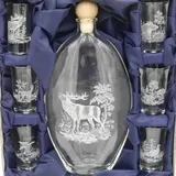 GTK - Geweihe & Trophäen KRUMHOLZ 7 teiliges Schnapsset Schnaps Gläser mit Karaffe hoch Set Jagddekor Jagdmotiv weiß im Geschenke Karton