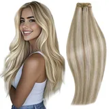 RUNATURE Tressen Echthaar Blond Highlights Echte Haare Echthaar Extensions Tressen 45cm Aschbraun mit Platinblond Echthaar Tressen Glatt Haarverlängerung Echthaar 100g #8P60