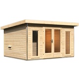 Karibu Saunahaus Mainburg 2 mit Vorraum - 38 mmnaturbelassen Set C (Sauna B 1,34 x T 1,34 m mit 2 Liegen 57/52 cm) Ohne Ofen