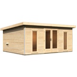 Woodfeeling Karibu Saunahaus Mainburg 4 mit Vorraum - 38 mm naturbelassen Set C (Sauna B 1,34 x T 1,34 m mit 2 Liegen 57/52 cm) Ohne Ofen inkl. 8-teiligem gratis Zubehörpaket (Gesamtwert 191,92€)