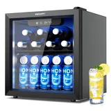 EUHOMY Getränkekühlschrank, Mini Kühlschrank mit Glastür, Bierkühler, Tisch-Getränkekühlschrank für 55 Dosen, Schwarz Freistehender Kühlschrank mit LED, 45dB, für Büro, Zimmer, Bar, 36L, Geräuscharm