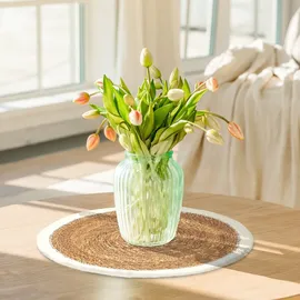 Relaxdays Tischset, 6er Set, geflochtenes Design, Wasserhyazinthe, rundes Platzset, Ø 36 cm, Teller, Deko, Natur/weiß