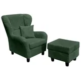 luma-home schönes für dein zuhause Ohrensessel mit Hocker Landhaus-Stil, B90/H98/T76 cm, hoher Sitzkomfort durch Wellenunterfederung, moderner Lesesessel mit Echtholzfüßen und Zierkissen, Cordstoff Grün