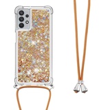 Handykette Hülle für Xiaomi Redmi Note 13 5G Glitzer Treibsand Necklace Hülle mit Kordel zum Umhängen Silikon Clear Handy Schutzhülle Bumper dünn Hülle mit Band Case zum umhängen Gold 2