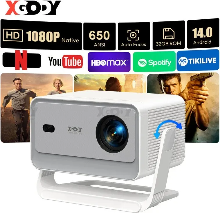 XGODY Gimbal A6 Pro Tragbarer Projektor, unterstützt 8K, native 1080p & 650 ANSI Lumen, Android 14.0, Wi-Fi 6 & Bluetooth 5.4, Autofokus & automatische Trapezkorrektur, 32 GB ROM, Smart-Projektor für Heimkino & Schlafzimmer, kompatibel mit HDMI/USB/Smartphone/PS (Weiß + Grau)