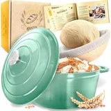 krustenzauber Topf Brot Backen [inkl. Gärkorb] - Hochwertiger Emaille Topf 26cm - Idealer gusseiserner Brottopf zum Backen, Gusseisentopf Brotbacken - Grün