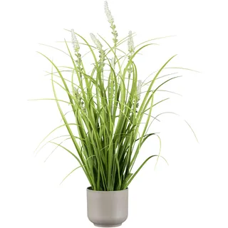 CREATIV green künstlicher Grasbusch mit Salbeiblüten im grauen Topf 48cm I künstliches Dekogras mit weißen Blüten als Frühlingsdeko I Ziergras Frühlingsdeko I hochwertige & dekorative Kunstgräser