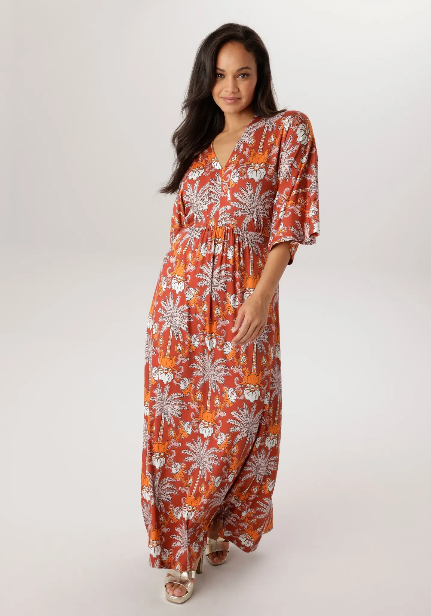 Jerseykleid ANISTON PLUS, Damen, Gr. 48, N-Gr, orange, gemustert, Jersey, Obermaterial: 95% Viskose, 5% Elasthan, bedruckt, gemustert, lässig geschnitten knöchelfrei, V-Ausschnitt, Kleider Jerseykleid, in trendy Maxilänge
