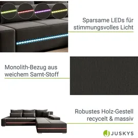 Juskys Sofa Davos mit Schlaffunktion Bettkasten, & - Stoff Schlafsofa L Form Couch Beleuchtung - Dunkelgrau