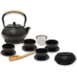ad.con Teeservice aus Gusseisen 13-tlg mit Stövchen Teekanne 1,5L Schwarz mit Siebeinsatz Teetassen und Untersetzer Tee Set im japanischen Stil