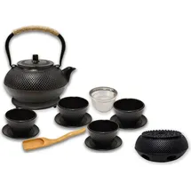 ad.con Teeservice aus Gusseisen 13-tlg mit Stövchen Teekanne 1,5L Schwarz mit Siebeinsatz Teetassen und Untersetzer Tee Set im japanischen Stil