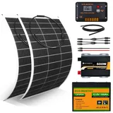 ECO-WORTHY 260W 12V Flexibles Solarpanel Komplettes Kit: 2 * 130W Flexibles Solarmodul + 100Ah Litthiumbatterie + 600W 12V Sinuswechselrichter + 30A PWM Laderegler für Camper, Wohnmobil, Van