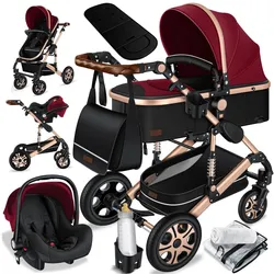 KESSER® Loops 3 in 1 Kinderwagen Kombikinderwagen Komplettset incl. Babywanne & Buggy Sportsitz & Auto-Babyschale - Voll-Gummireifen - Wickeltasche/Regenschutz/Kindertisch Set