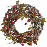 Loberon Kranz Mauriac, farbenfrohe Dekoration, naturnahes Design, von Hand gebunden, Wohn-Accessoire, Haselnuss-Stecken, Polyester, rot/braun/grün