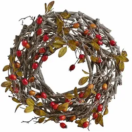 Loberon Kranz Mauriac, farbenfrohe Dekoration, naturnahes Design, von Hand gebunden, Wohn-Accessoire, Haselnuss-Stecken, Polyester, rot/braun/grün