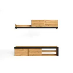 SKRAUT HOME IDEM Wohnzimmerwandschrank Natural, Wohnzimmermöbel, 1 TV-Schrank, 1 Regal und Schrank, Farbe Eiche/Nordic Schwarz, 200x40x180cm - SALONIDEMNATBOCA