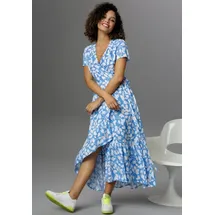 Aniston CASUAL Wickelkleid mit graphischen Blätterdruck Blau/Weiß 44