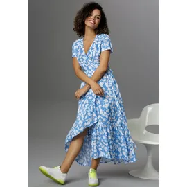 Aniston CASUAL Wickelkleid mit graphischen Blätterdruck Blau/Weiß 44