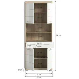 xonox.home Hochschrank Lambada 2 offene Fächer Eiche Hell/Weiß Hochglanz 191 x 74 x 31 cm