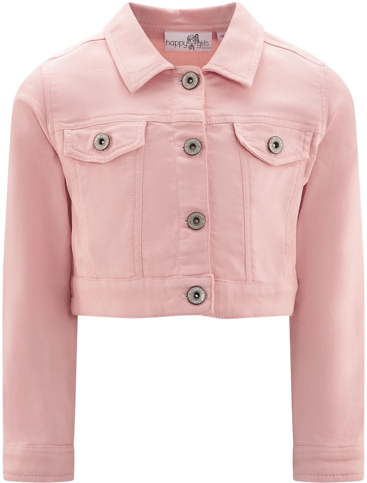 Jeansjacke HAPPY GIRLS, Mädchen, Gr. 134, rosa (powder pink), Web, Obermaterial: 98% Baumwolle, 2% Elasthan, unifarben, regular fit taillenlang, 1-Knopf-Manschette mit Schlitz, Jacken Jeansjacke, in kurzer Form