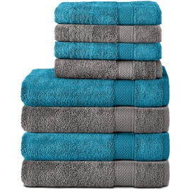 Komfortec 8er Handtuch Set aus 100% Baumwolle, 4 Badetücher 70x140 und 4 Handtücher 50x100 cm, Frottee, Weich, Towel, Groß, Anthrazit Grau/Türkis