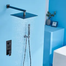 XIIW Unterputz Duscharmatur Set inkl.30X30cm Kopfbrause, 200mm Handbrause, Messingkörper, Regendusche Schwarz,