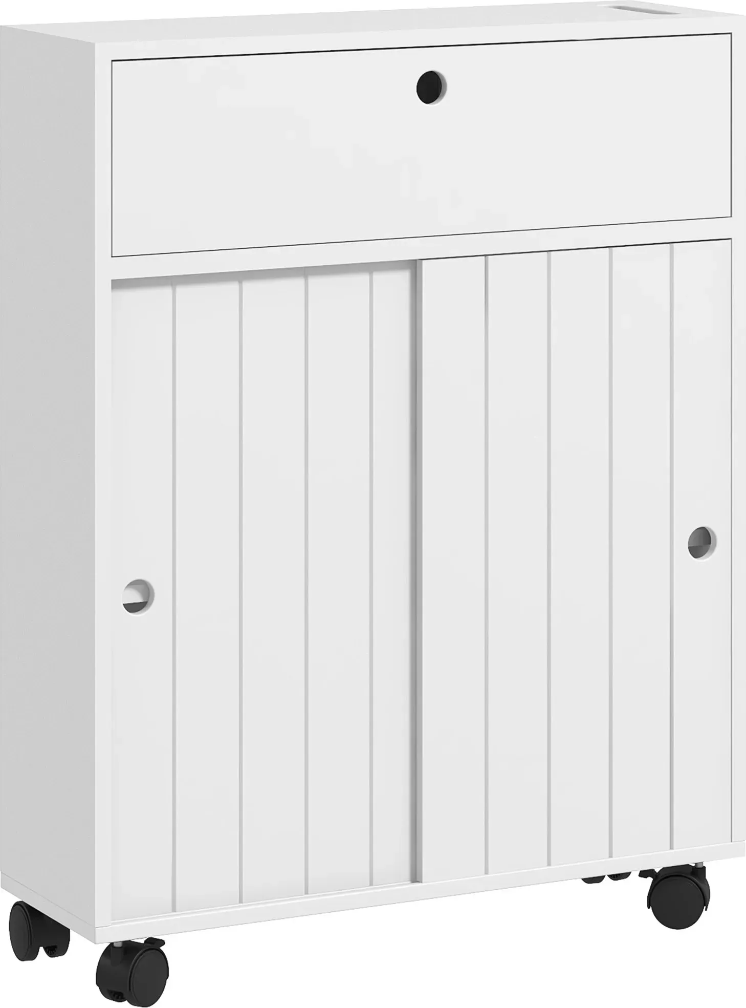 kleankin Badezimmer Aufbewahrungsschrank, WC-Schrank für Toilettenpapier mit Schiebetüren, mehreren Fächern, auf Rollen, Toilettenmöbel, 52 x 17 x 67 cm, weiß   Aosom