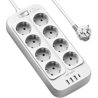 JSVER Steckdosenleiste 8 Fach mit 4 USB Ladeanschlüsse, Mehrfachsteckdose mit USB C, Wandmontage(3680W) Überspannungsschutz mit 2M Kabel Steckerleiste für Smartphones, Laptop-Weiß
