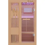 Dewello Finnische Sauna MINTO 120x120 Kabine aus Hemlock Tannenholz mit 3,5 kW Harvia Ofen, inkl Sauna Set