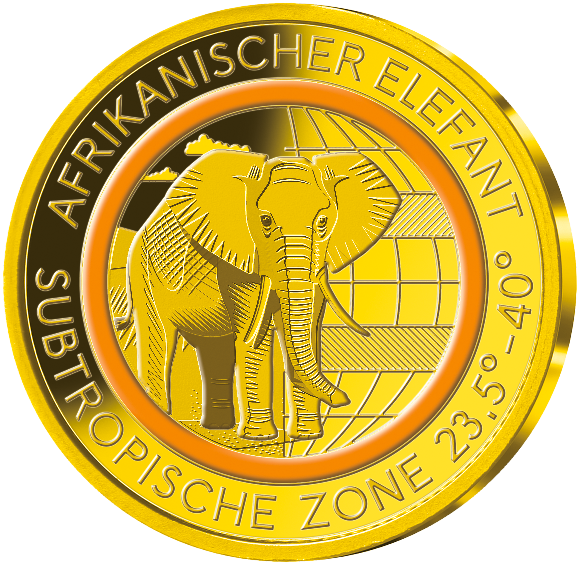 Die Gold-Gedenkprägung „Afrikanischer Elefant – subtropische Zone“ mit orangefarbenem Farbring