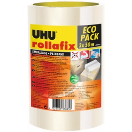 UHU Rollafix Packband, Hochwertiges Verpackungsklebeband, transparent, 3 x 50m