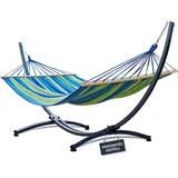 Potenza Outdoor Hängematte mit Gestell für 2 Personen I Stabhängematte XXL 220x160, 200kg I Verzinkter Hängemattengestell 220kg Wetterfest (Grün-Blau, Basic Gestell Graphit)