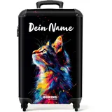 NoBoringSuitcases.com Kinder Koffer Personalisiert, Koffer Klein, Kindertrolley, Kinder Koffer mit Rollen, Kindergepäck, Trolley Handgepäck 55x40x20 cm (Seitenansicht Bunte Katze - Schwarz)