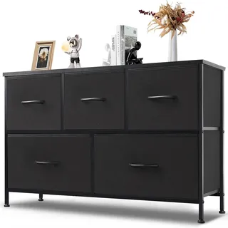 dumos Kommode mit Schubladen - Kommoden & Sideboards für Schlafzimmer Geeignet, Komodenschrank mit 5 Schubladen, Stoffkommode mit Stabilem Stahlrahmen, Ideal für Schlafzimmer, Wohnzimmer (Schwarz)