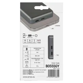 EMOS Powerbank WI 522, 5000 mAh MagSafe mit Passthrough und Wireless-Charging, USB-C-Ausgang inkl. Kabel, für iPhone, iPad, Smartwatch, grau, B0555GY - Grau