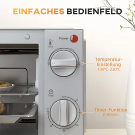 Homcom Minibackofen 9L Mini Ofen mit Backblech, Grillrost, 100 °C-230 °C, mit einstellbar Temperatur und Garzeit, 60 Min. Timer, 750W, Edelstahl,