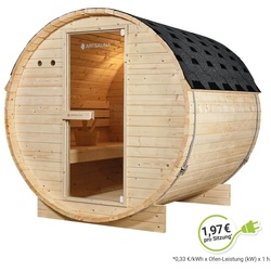 Artsauna Fasssauna Spitzbergen 180 - 4 Personen, 6 kW Ofen, Zubehör - Fichtenholz Sauna
