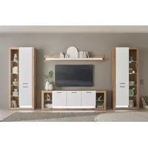 Home Affaire Wohnwand Brixen, moderne Anbauwand, Wohnzimmer-Set, Eiche Evoke Dekor mit Weiß, (Set, 4-St), enthält Stauraumelemente, Lowboard und Wandboard braun