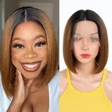 DÉBUT Ombre Brown Straight Bob Perücken Echthaar T Part Lace Front Bob Perücke Vorgezupft mit Babyhaar 150% Dichte brasilianischen Virgin Haar für Frauen(25 cm, Ombre Brown)