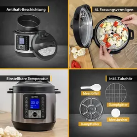 First Austria TZS First Austria Multikocher 6L, Schnellkochtopf 1000W 12 Programme, Timer, Edelstahl, Warmhaltefunktion, Dampfgarer, Reiskocher, Silbe...