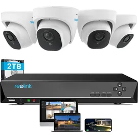 Reolink Überwachungskamera Set Outdoor, 4X 8MP PoE Dome Überwachungskamera+8CH 2TB HDD nvr, Personen-/Fahrzeugerkennung, 30m Nachtsicht, 24/7