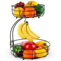 HuaHong 2-stöckiger Obstkorb mit Bananenhalter, Obstschale, Gemüsekorb, aus Metall,