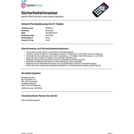BerryBase Infrarot Fernbedienung mit 21 Tasten