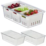 Relaxdays Kühlschrank 3er Set, stapelbar, 3 Abtropfkörbe, Lebensmittel Organizer mit Deckel, transparent/weiß