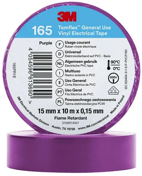 3M Temflex 165 Vinyl Elektro-Isolierband, 15mm breit, 10m lang, violett, 10 Stück