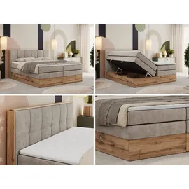 MKS Meble Boxspringbett, Doppelbett mit zwei Multipocket-Matratzen ALBERO 1 KING, Bettkästen und Kopfteil, Holzkiste in Wotan-Eichenfarbe - 180x20... - Beige