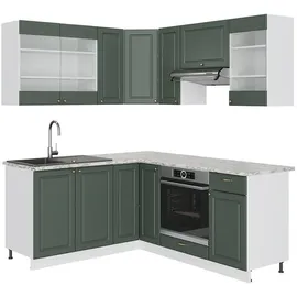 Vicco Winkelküche L-Form 160 x 190 cm Grün-Gold Landhaus/Weiß